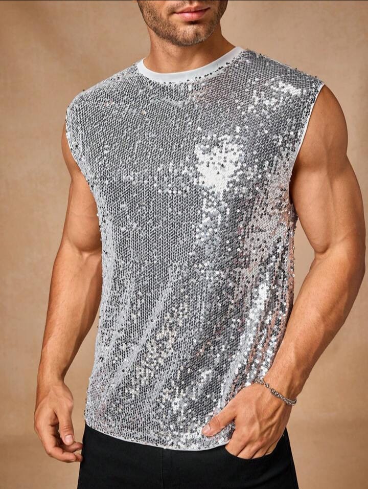 Men's Casual Sequin Knitted Loose Fit Short Sleeve Tank Top
